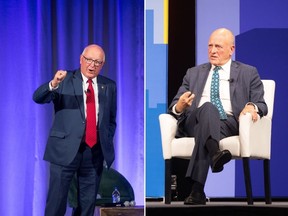 Right: Pete Hoekstra talks while on stage, Left: Bruce Heyman sits in an armchair on a stage.
