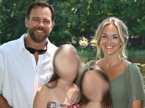 A man, a woman, two girls with blurred faces
