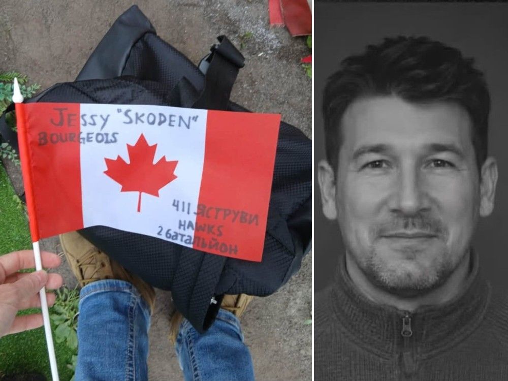 A Canadian flag with Jessy Bourgeois’s “Skoden” call sign written on it. The 46-year-old leaves behind two children.
