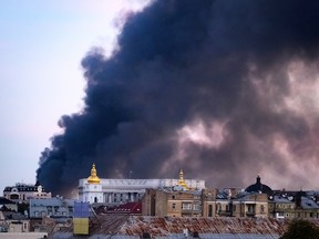 Burning buildings.