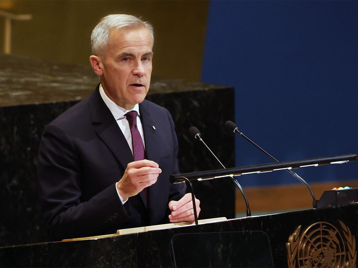 Prime Minister Mark Carney speaks at a United Nations General Assembly meeting organized by France and Saudi Arabia in support of a two-state solution between Israel and Palestines, in a file photo from Sept. 22, 2025, in New York City. Prime Minister Mark Carney speaks at a United Nations General Assembly meeting organized by France and Saudi Arabia in support of a two-state solution between Israel and Palestines, in a file photo from Sept. 22, 2025, in New York City.