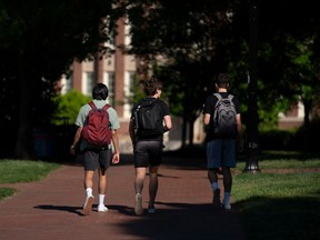 Three students seen from behind walking toward a building on a campus