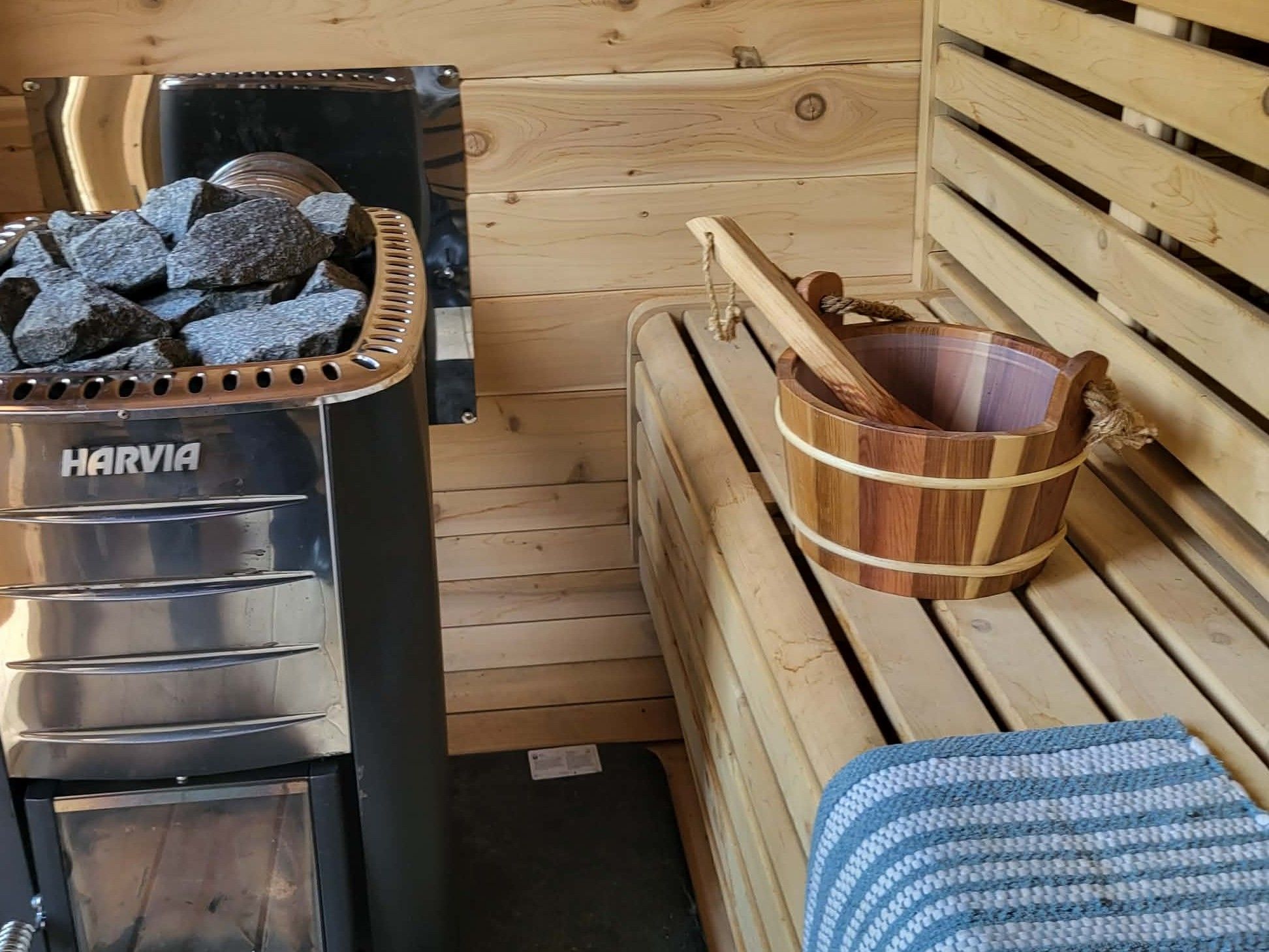 Inside a sauna constructed in the backyard.