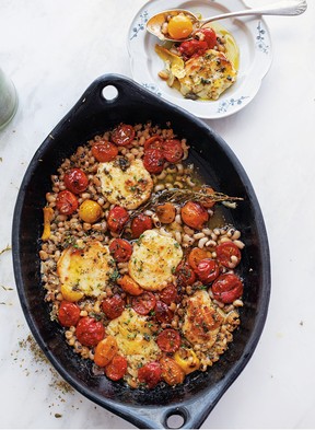 Braised halloumi with tomatoes and beans