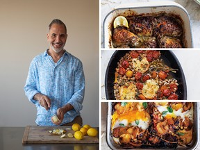 Clockwise from left: Yotam Ottolenghi, baked chicken thighs with yogurt and za'atar, braised halloumi with tomatoes and beans, and breakfast potatoes