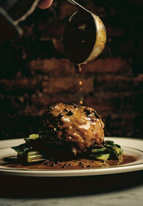 Steak haché tabac-style with sauce au poivre