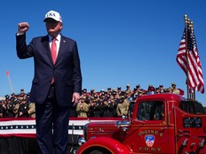 U.S. President Donald Trump departs after speaking during a "Steel Across America" event.