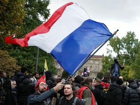 A protestor in France waves French flag.