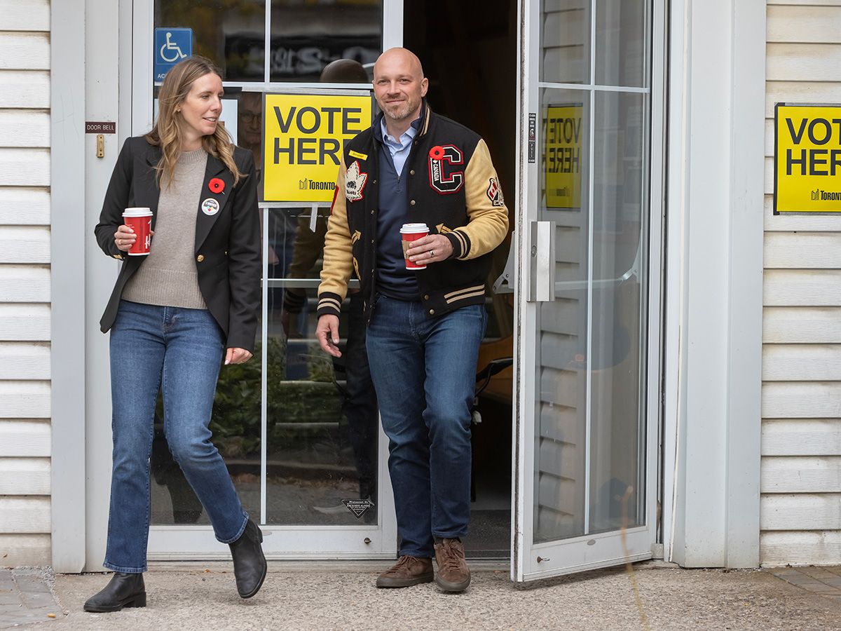 Toronto mayoral candidate Brad Bradford and his wife Kathryn Randle leave after voting in the Toronto municipal election on Monday Oct. 26, 2026. Toronto mayoral candidate Brad Bradford and his wife Kathryn Randle leave after voting in the Toronto municipal election on Monday Oct. 26, 2026.