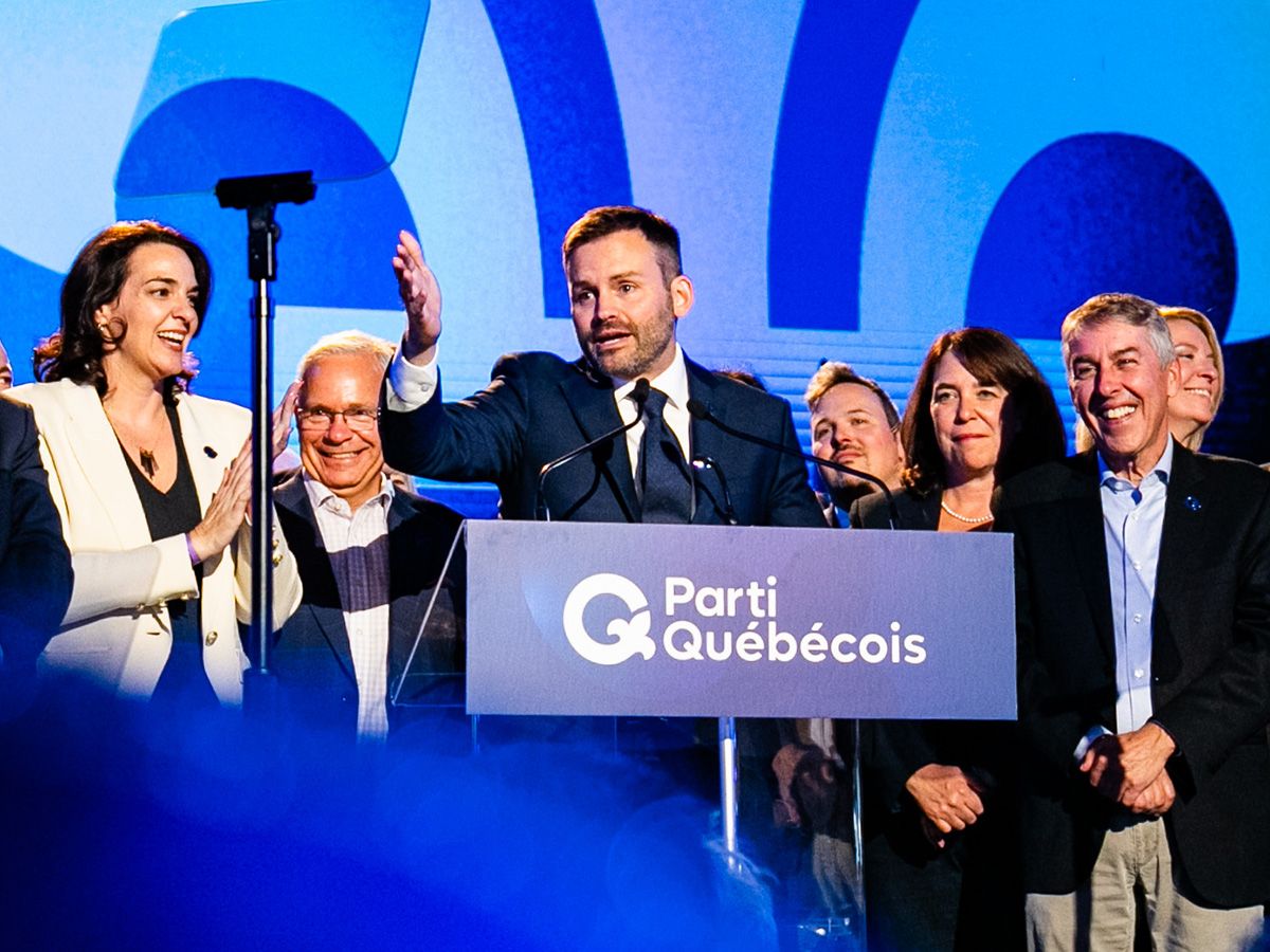Parti Québécois Leader Paul St-Pierre Plamondon gives a victory speech following his win in the provincial election in Montreal on Monday, Oct. 5, 2026.