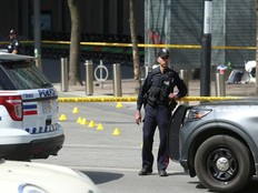 A man was stabbed to death after an altercation at the corner of Victoria St. And Dundas St. East around 2:30 p.m. A line of police markers go north up the street and the man finally fell in front of the safe-injection site. The man later died in hospital and the homicide unit have been called in to investigate. on Friday May 12, 2023.