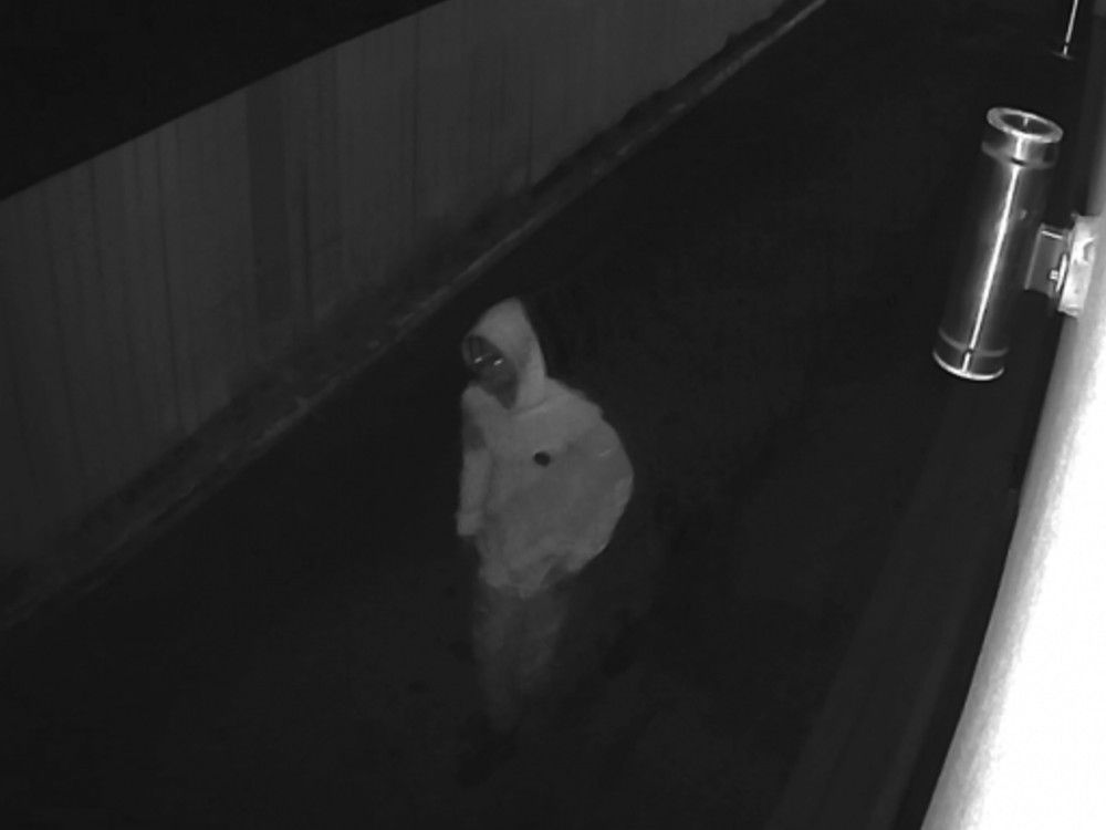 A person seen on black and white surveillance footage