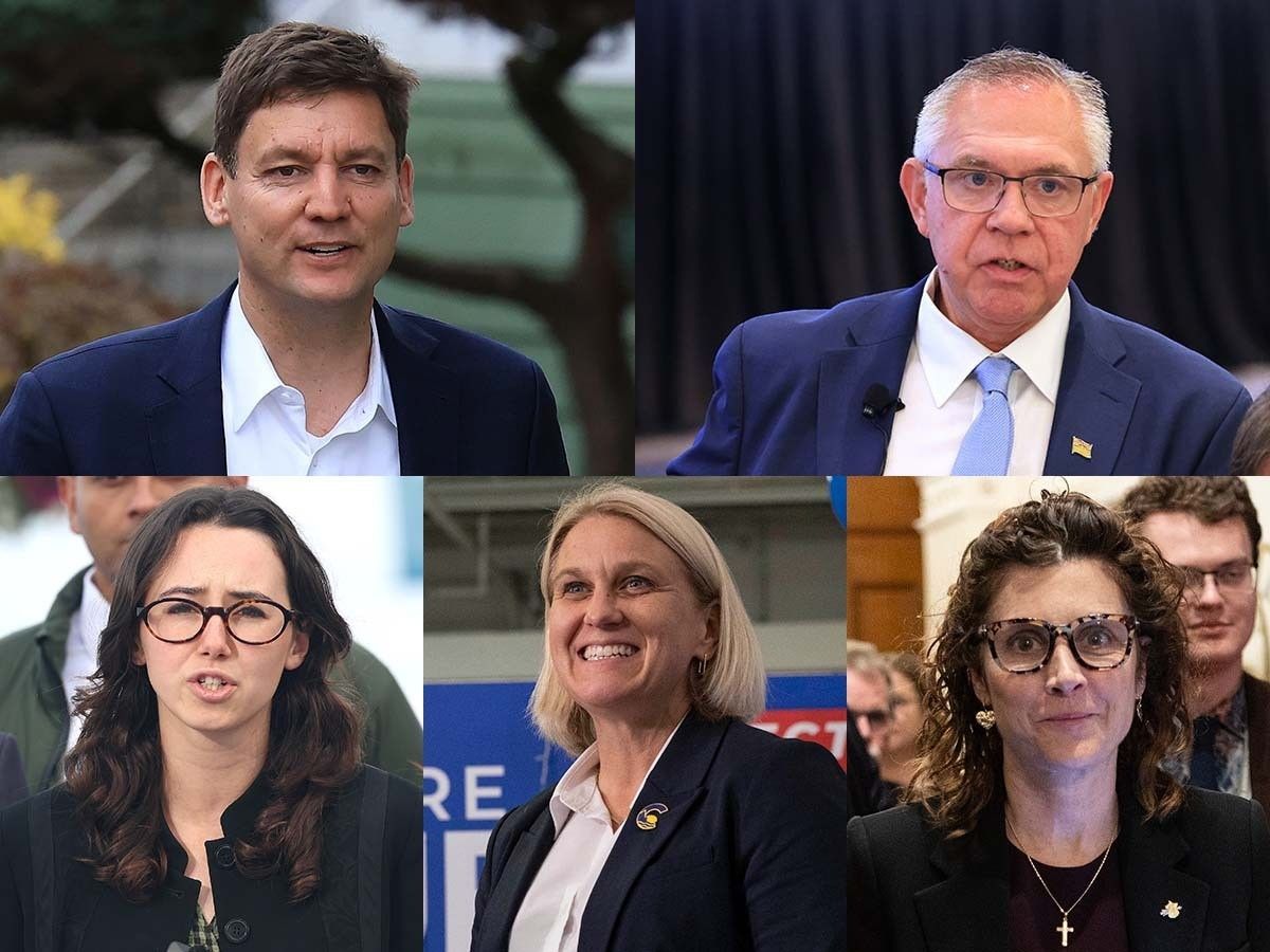 Get the latest on election day in B.C. by following along our live-blog. Clockwise from top left are the leaders of B.C.'s main political parties, including the B.C. NDP's David Eby, B.C. Conservatives Lorne Doerkson, OneBC's Dallas Brodie, CentreBC's Elenore Sturko and B.C. Greens' Emily Lowan.