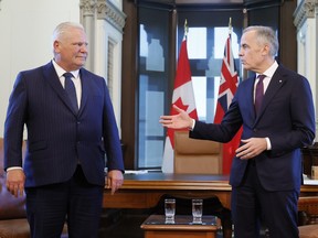 Doug Ford (left) and Mark Carney (right) conversing while standing next to each other.
