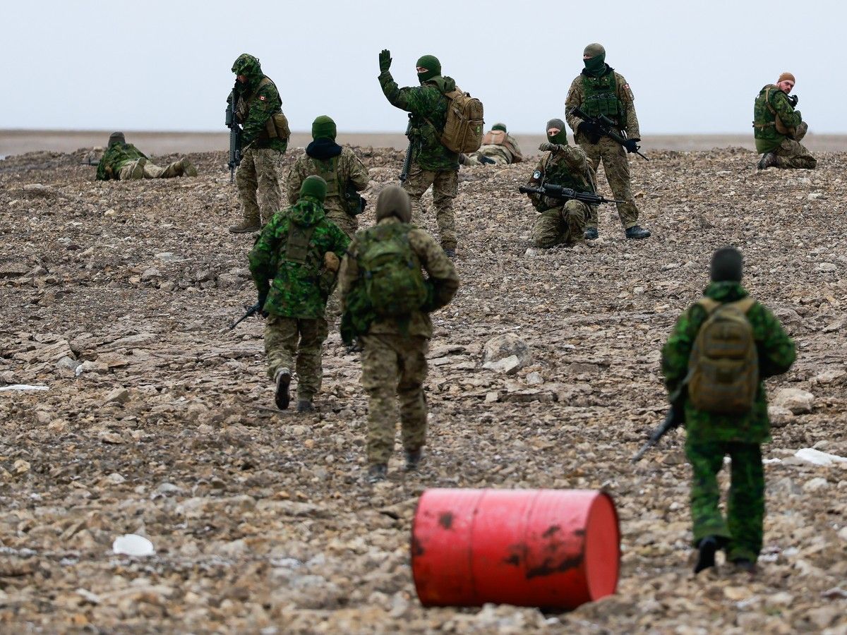 Reservists from 31 Brigade that are part of the Land Task Force march at the staging area of the Operation NANOOK-NUNAKPUT on Sept. 9, 2026. Reservists from 31 Brigade that are part of the Land Task Force march at the staging area of the Operation NANOOK-NUNAKPUT on Sept. 9, 2026.