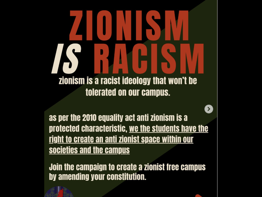 Screenshot of Glasgow University Justice for Palestine Society's post that asks the student groups to amend their constitutions to create a Zionist-free campus.
