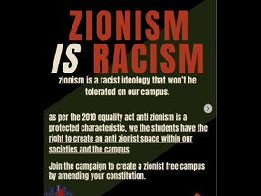 Screenshot of Glasgow University Justice for Palestine Society's post that asks the student groups to amend their constitutions to create a Zionist-free campus.