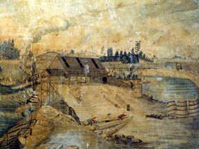 Thomas Burrowes' 1830 rendering of construction of locks in progress and the old saw mill at Kingston Mills. The British Military built the first Mills at Kingston in 1783 in preparation for the arrival of the United Empire Loyalists.