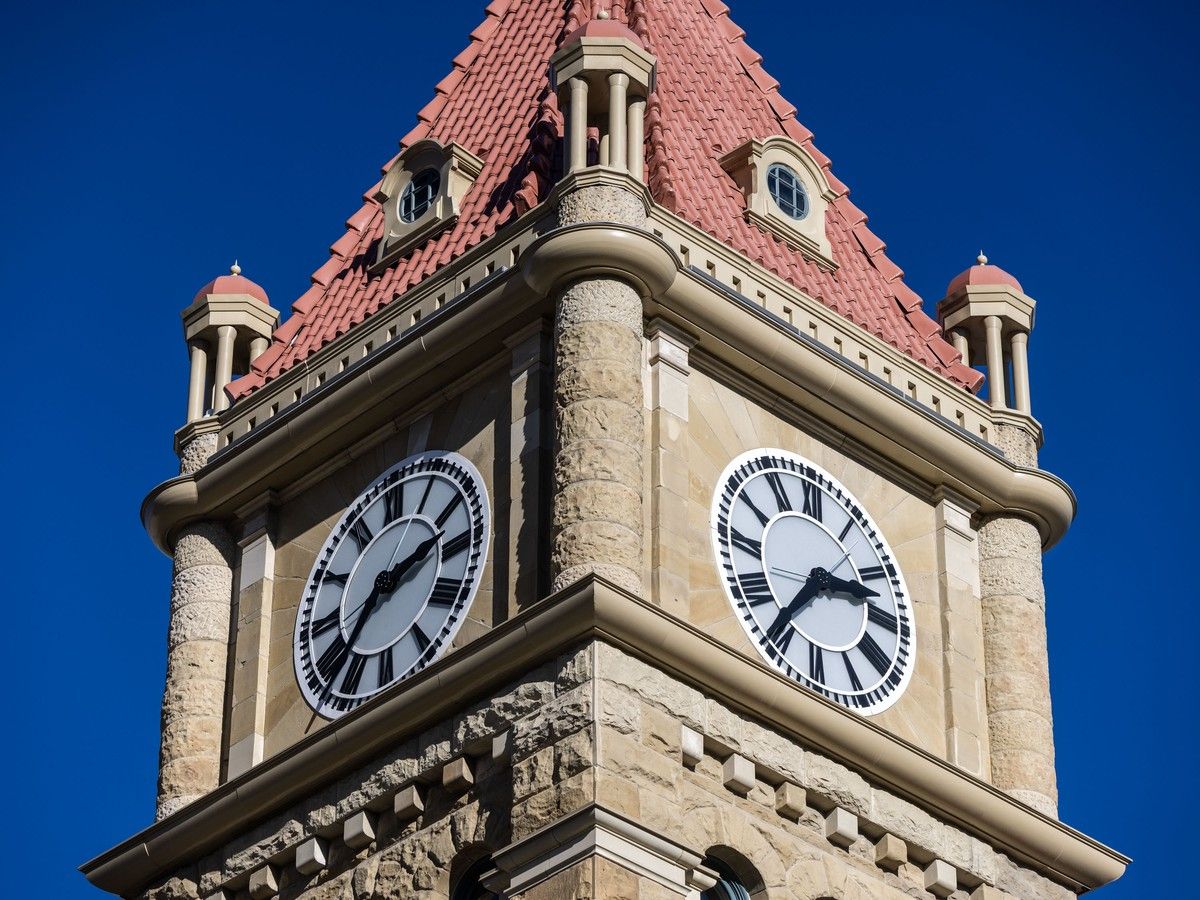The clock tower atop Calgary's Old City Hall. Alberta is adopting permanent Alberta Time (previously called Mountain Daylight Time) this year.