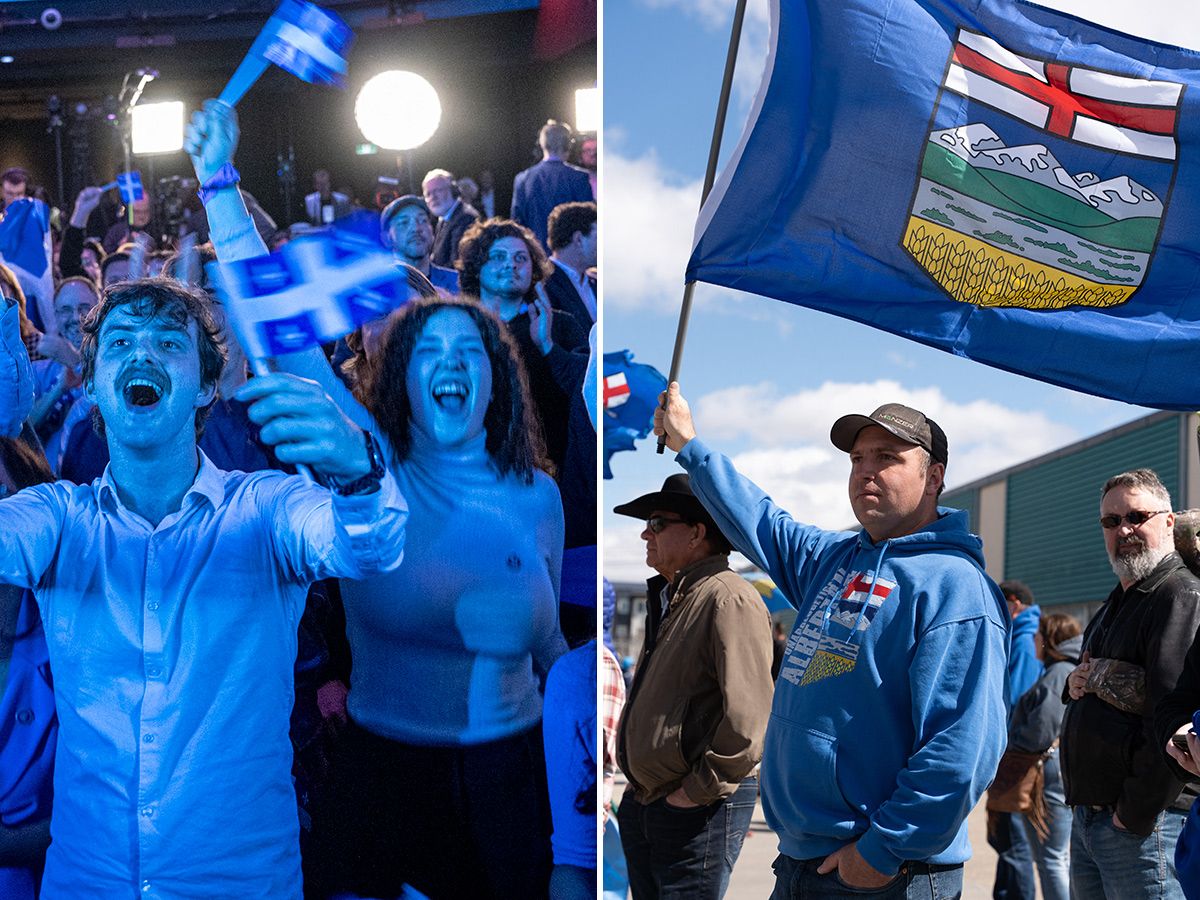 People waving Alberta or Quebec flags.