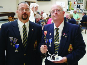 Chris Abbott/Tillsonburg News
Woodstock Royal Canadian Legion Branch 55 past-president Wayne McDonald (left), and Ian Adamson, Branch 55 president, were among the approximately 150 people at the grand opening of the new Woodstock Legion hall on Dundas Street Saturday.