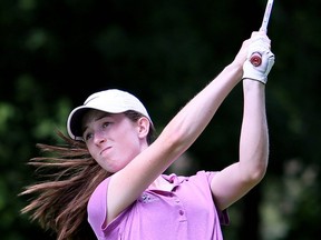 Brooke MacKinnon of Chatham, Ont., tees off on the 18th hole during the second round of the Ontario junior girls' golf championship at Maple City Country Club in Chatham, Ont., on Tuesday, July 10, 2018. Mark Malone/Chatham Daily News/Postmedia Network
