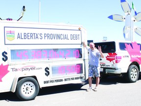 Alberta director for the Canadian Taxpayers Federation Colin Craig stands beside the Alberta Debt Clock which shows the provincial debt and debt per person in July 2018 during a short visit in Vulcan. Photo by Jasmine O'Halloran, Vulcan Advocate.