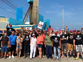 Unifor Local 16-O members celebrate after 12 difficult weeks of striking at the world's largest salt mine. A vote to accept the final offer from Compass Minerals ends the three-month long strike. (Kathleen Smith/Goderich Signal Star)