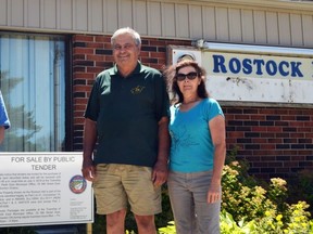 Members of the Optimist Club of Ellice executive pose for a photo in front of Rostock Hall in July 2018, just before the club purchased the building from Perth East in September 2018. (Galen Simmons/ Beacon Herald file photo)