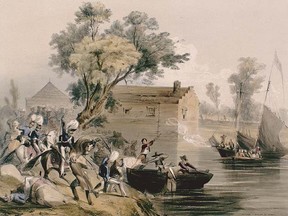 Rebels Raiding Dickinson Landing, 1838. (Courtesy of The Canadian Encyclopedia)