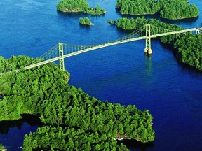 Photo courtesy of 1000 Islands International Tourism Council This aerial shows the Canadian span of the Thousand Islands Bridge and surrounding St. Lawrence River islands.
