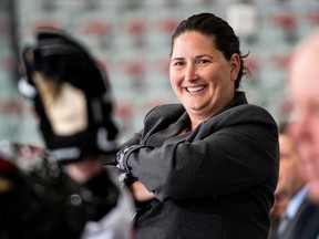Stacey Colarossi coaches the U Sports All-Stars at the Hockey Canada Summer Showcase.