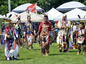 Dancers participate in Saugeen First Nation #29's annual competition pow wow on Saturday, August 11, 2018.