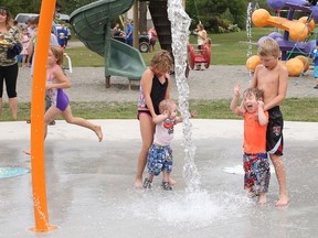 The Garson Splash Pad officially opened in Greater Sudbury, Ont. on Wednesday August 15, 2018. Cooling off are Jackson Joly, Abby, Ace and Jaxton Charlebois.
