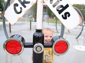 A grand opening was held for the Onaping Splash Pad in Greater Sudbury, Ont. on Wednesday August 15, 2018. Blake Decaire has some fun at the railroad themed splash pad.