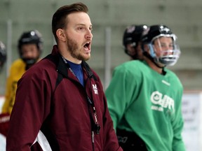 Chatham Maroons head coach Kyle Makaric gives instructions during practice at Chatham Memorial Arena in Chatham, Ont., on Thursday, Sept. 6, 2018. Mark Malone/Chatham Daily News/Postmedia Network