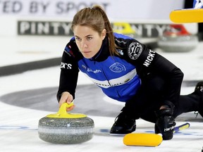 Sweden's Anna Hasselborg, the 2018 Olympic women's gold medallist, prepares to release a rock during the first draw at the Princess Auto Elite 10 at Thames Campus Arena in Chatham, Ont., on Wednesday, Sept. 26, 2018. (Mark Malone/Chatham Daily News)