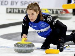Sweden's Anna Hasselborg, the 2018 Olympic women's gold medallist, prepares to release a rock during the first draw at the Grand Slam of Curling's Princess Auto Elite 10 at Thames Campus Arena in Chatham, Ont., on Wednesday, Sept. 26, 2018. Mark Malone/Chatham Daily News/Postmedia Network