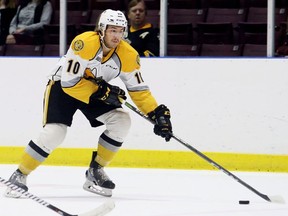 Sarnia Sting's Anthony Salinitri carries the puck against the Windsor Spitfires in the first period of an OHL exhibition game at Progressive Auto Sales Arena in Sarnia, Ont., on Friday, Sept. 14, 2018. Mark Malone/Chatham Daily News/Postmedia Network