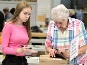 Aline Digasparro and her grandmother Gloria Barber help out at St. Vincent Place's Big Blue Box Drive in Sault Ste. Marie, Ont., on Saturday, Sept. 29, 2018. (BRIAN KELLY/THE SAULT STAR/POSTMEDIA NETWORK)