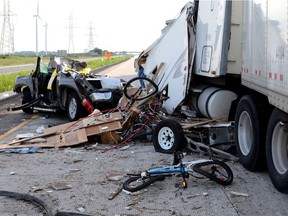 The scene of a crash between a transport truck and a pickup truck in the westbound lanes of Highway 401 in the area of Chatham-Kent on July 30, 2017. Lacie Brundritt, 42, and her son Kyle, 14, were passengers in the pickup truck. They did not survive.