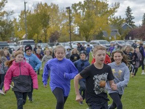 Students at Ecole Airdrie Middle School participate in the annual Terry Fox Run on Fri., Sept. 28, 2018.