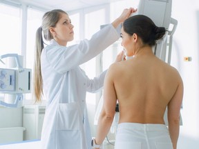 A female patients undergoes a mammogram screening procedure in this photo illustration.