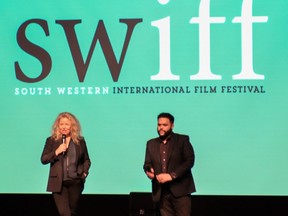 SWIFF executive director Ravi Srinivasan and Sarnia-born director Patricia Rozema speak on-stage during the inaugural South Western International Film Festival in 2015.