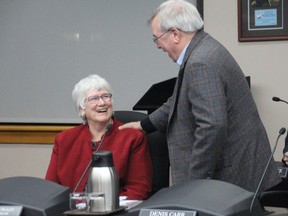 Outgoing city councillor Denis Carr proclaims that Coun Elaine MacDonald will be the new "senior dean of the city council" at their last meeting together  on Tuesday November 13, 2018 in Cornwall, Ont. Alan S. Hale/Cornwall Standard-Freeholder/Postmedia Network