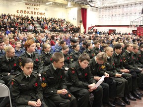 Cadets from the 2512 King’s Own Calgary Regiment (front) and the 952 Westjet Royal Canadian Air Cadet Squadron had prime seating for the November 11 ceremony inside Cochrane High School. The combined group were also a great help to the Legion ensuring the day’s schedule went smoothly.