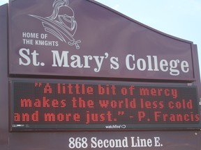 Outdoor sign at St. Mary's College in Sault Ste. Marie, Ont., on Wednesday, May 25, 2016. (BRIAN KELLY/THE SAULT STAR/POSTMEDIA NETWORK)