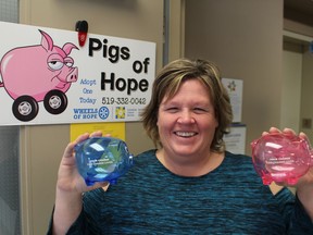 Paula McKinlay, with the Canadian Cancer Society in Sarnia, is shown in this file photo holding blue and pink piggy banks for the Pigs of Hope for Wheels of Hope campaign.
