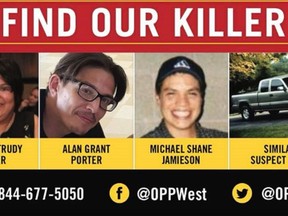 A poster featuring  Melissa Miller, Alan Porter and Michael Jamieson., three Six Nations members who were killed in 2018, was circulated by police in hopes of generating tips.