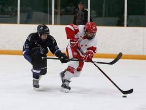 Mason Lachance, left, of the Nickel City Junior Sons chases after Tyson Culina of the Soo Greyhounds during major bantam AA action at the Sudbury Silver Stick tournament at Gerry McCrory Countryside Sports Complex in Sudbury, Ontario on Saturday. December 1, 2018.